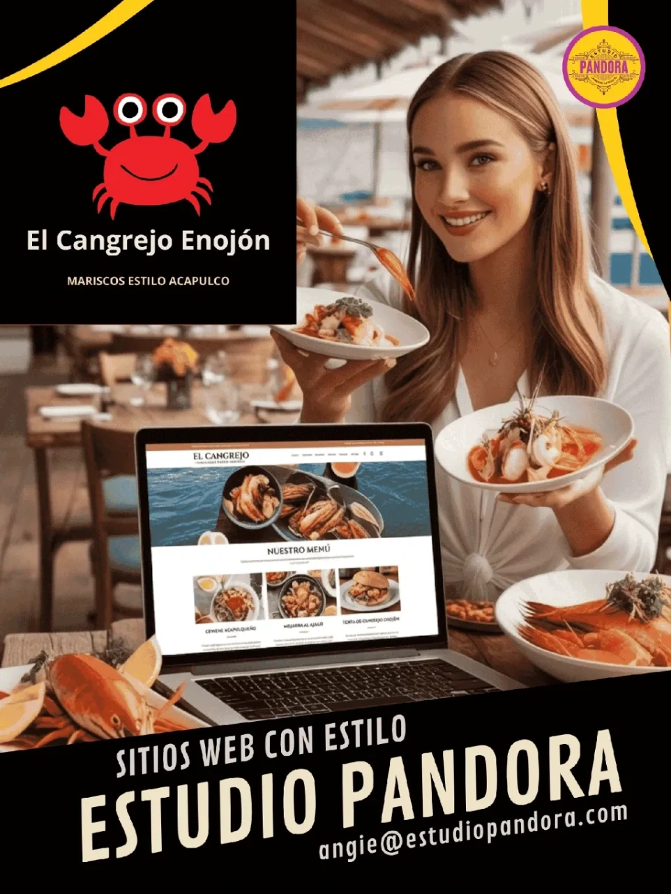 Mujer disfrutando de una comida en un restaurante, representando el éxito y la tranquilidad de un negocio digitalizado con Estudio Pandora
