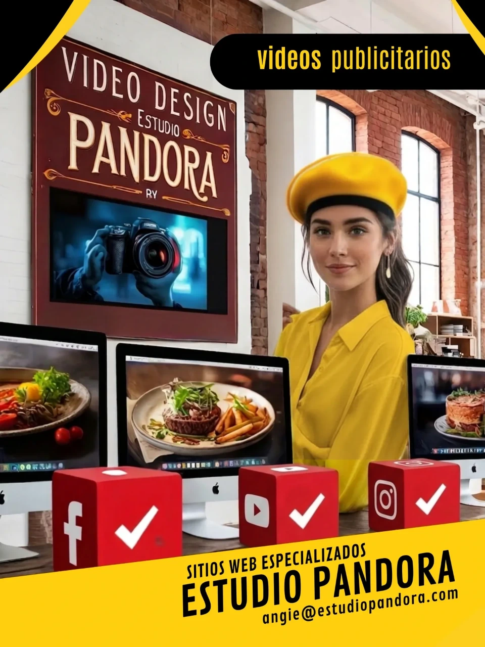 Especialista creativa de Estudio Pandora con boina amarilla en un estudio de diseño, rodeada de pantallas que muestran producción de video publicitario y fotografía gastronómica profesional.