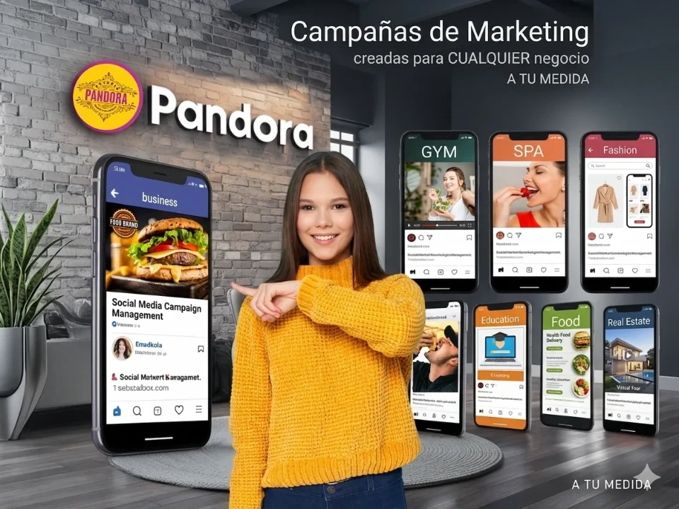 Muestrario de campañas de marketing digital personalizadas para diversos sectores como SPA, E-commerce, Educación y Real Estate, desarrolladas por Estudio Pandora.