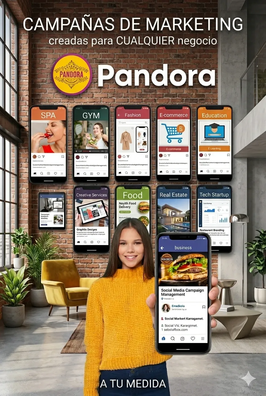 Muestrario de campañas de marketing digital personalizadas para diversos sectores como SPA, E-commerce, Educación y Real Estate, desarrolladas por Estudio Pandora.