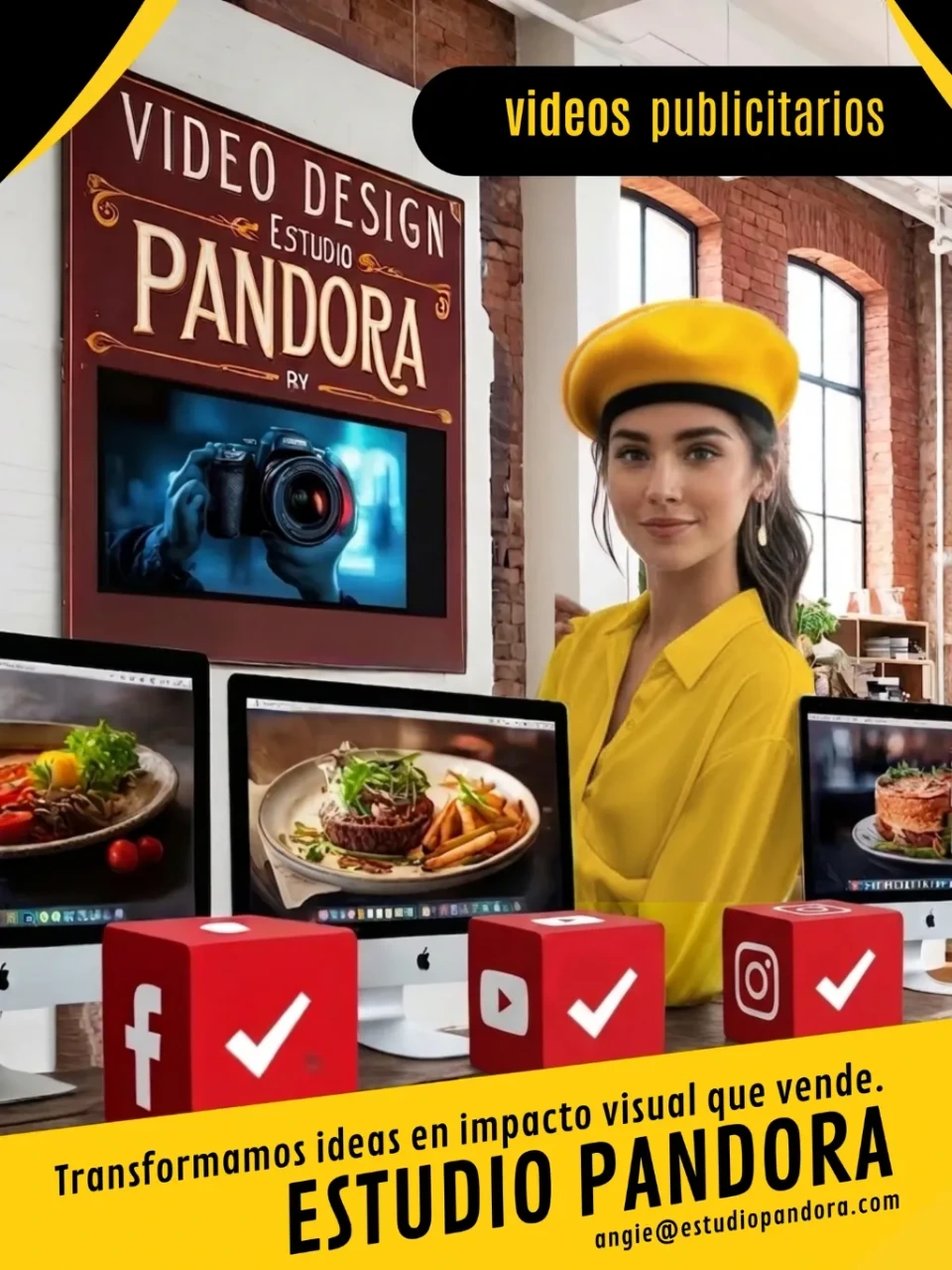 Especialista creativa de Estudio Pandora con boina amarilla en un estudio de diseño, rodeada de pantallas que muestran producción de video publicitario y fotografía gastronómica profesional.