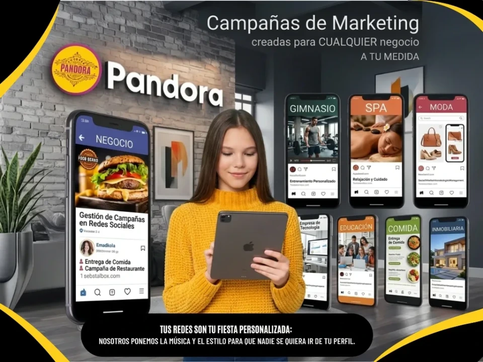 Portafolio de servicios de diseño web y marketing digital de Pandora Agency, mostrando interfaces móviles modernas y gestión de marca para diversos sectores comerciales.