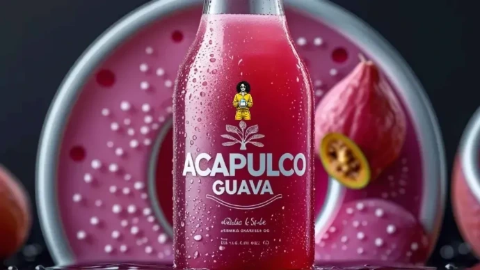 Creamos experiencias visuales irresistibles que hacen destacar tu producto estrella en internet. Diseño conceptual de botella de bebida de guayaba marca "Acapulco Guava" desarrollado por Estudio Pandora, mostrando gotas de condensación sobre fondo rosa con elementos frutales tridimensionales.