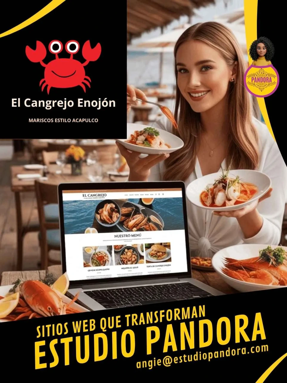 Mujer disfrutando de una comida en un restaurante, representando el éxito y la tranquilidad de un negocio digitalizado con Estudio Pandora