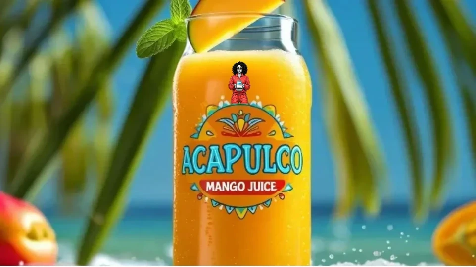 Acompañamos a los emprendedores locales en el diseño de su identidad de marca y presencia digital. Diseño de marca y empaque para jugo de mango "Acapulco Mango Juice" creado por Estudio Pandora, mostrando un vaso de cristal con jugo fresco, el avatar de Angie y un fondo tropical de playa.