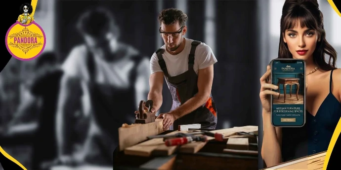 Llevamos el esfuerzo y la dedicación de tu taller artesanal directamente a las pantallas de tus clientes. Un carpintero con gafas de protección trabaja la madera en su taller mientras, en primer plano, una mujer sostiene un teléfono inteligente que muestra el sitio web premium de "Pandora Artisan Furniture