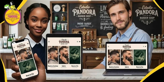 Digitalizamos el estilo de tu negocio con herramientas interactivas que facilitan la reserva de citas de tus clientes. Una joven y un barbero sonríen detrás de un mostrador donde se muestra el diseño web responsivo de "Estudio Pandora Barber Shop" en pantallas de teléfono inteligente, tableta y computadora portátil.