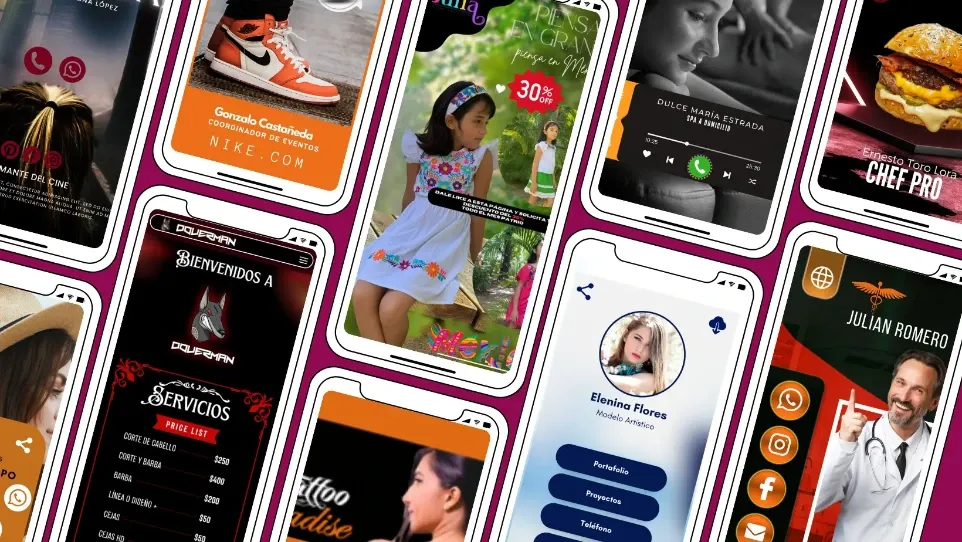 Mosaico dinámico de teléfonos inteligentes que muestran diversos diseños de vCards y tarjetas de presentación digitales interactivas creadas por Estudio Pandora para profesionistas como médicos, chefs, modelos y coordinadores.