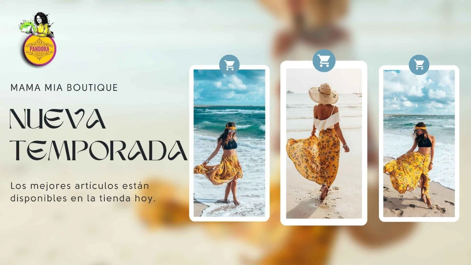 Diseño de interfaz para tienda en línea de la marca "Mama Mia Boutique" creado por Estudio Pandora, mostrando un catálogo de ropa de playa con tres fotos de una mujer modelando una falda larga amarilla en la costa.