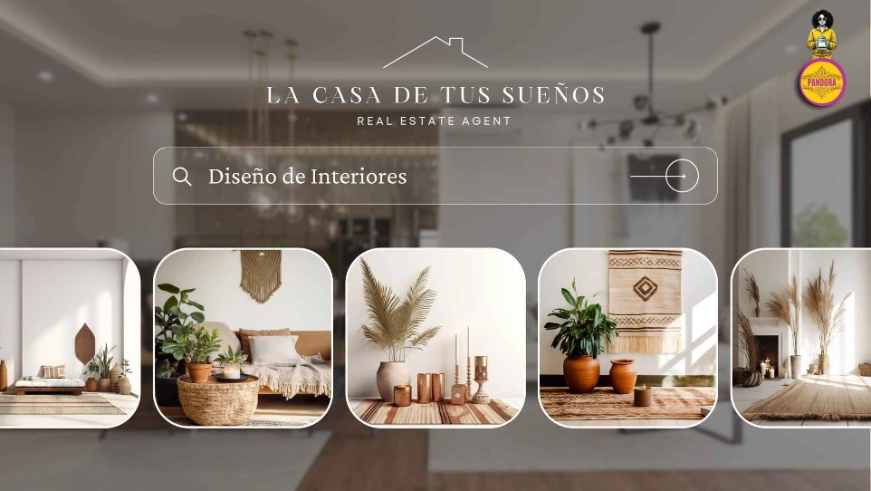 Interfaz web para agencia de bienes raíces "La Casa de Tus Sueños" diseñada por Estudio Pandora, mostrando una barra de búsqueda de diseño de interiores y un carrusel con fotografías de salas de estar de estilo boho chic.