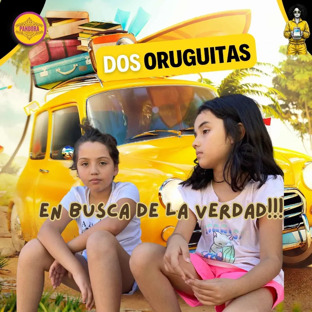 Póster digital diseñado por Estudio Pandora titulado "Dos Uruguitas - En busca de la verdad", que muestra a dos niñas sentadas frente a un automóvil clásico amarillo con maletas y libros sobre el portaequipajes.