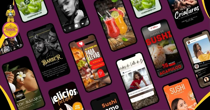 Creamos soluciones móviles digitales adaptadas a las necesidades de cada sector comercial. Mosaico inclinado de múltiples teléfonos inteligentes que muestran diversos proyectos de diseño web y redes sociales creados por Estudio Pandora, incluyendo interfaces de spas de masajes, barberías, restaurantes de sushi y menús digitales para llevar.
