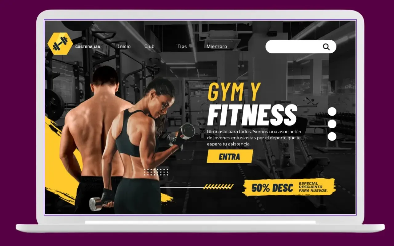 Desarrollamos sitios web dinámicos y atractivos que impulsan las inscripciones y membresías de tu centro deportivo. Interfaz de sitio web para el gimnasio "Costera 128 Gym y Fitness" diseñada por Estudio Pandora, mostrada en una computadora portátil con un diseño en negro y amarillo, imágenes de atletas entrenando con mancuernas y un botón de entrada.