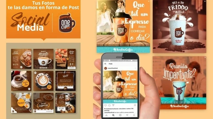 Transformamos tus fotos comerciales en publicaciones estratégicas que enamoran a tus seguidores en redes sociales. Muestrario de marketing digital de Estudio Pandora para la marca "One Coffee", que ilustra cómo transforman fotografías en publicaciones de redes sociales de Instagram visibles en un smartphone.