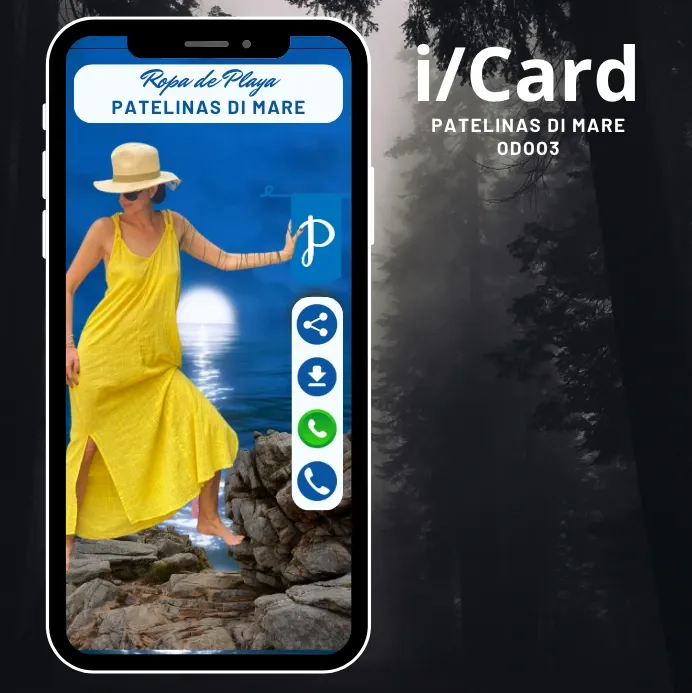 Transformamos la primera impresión de tu marca con tarjetas digitales interactivas iCard que conectan tu catálogo visual con tus canales de venta en segundos. Diseño de tarjeta de presentación digital iCard de Estudio Pandora para la marca de ropa de playa "Patelinas Di Mare", mostrando la foto de una mujer con vestido amarillo en la costa y botones interactivos de contacto en la pantalla de un smartphone.