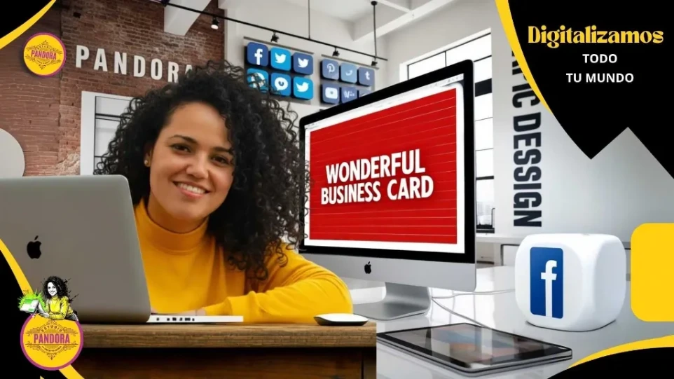 Angie sonríe en la oficina de Estudio Pandora junto a una computadora portátil y una pantalla iMac que muestra el texto "Wonderful Business Card", rodeada de iconos digitales y elementos de diseño de marca.