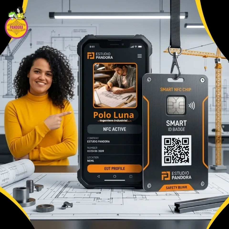 Modernizamos el acceso y la identidad de tu empresa o escuela con credenciales inteligentes NFC y códigos QR enlazados a perfiles digitales. Diseño de credencial corporativa inteligente Smart ID Badge creada por Estudio Pandora para el ingeniero Polo Luna, mostrando un gafete físico con chip NFC y código QR junto a su perfil digital en un teléfono inteligente resistente sobre planos de construcción.