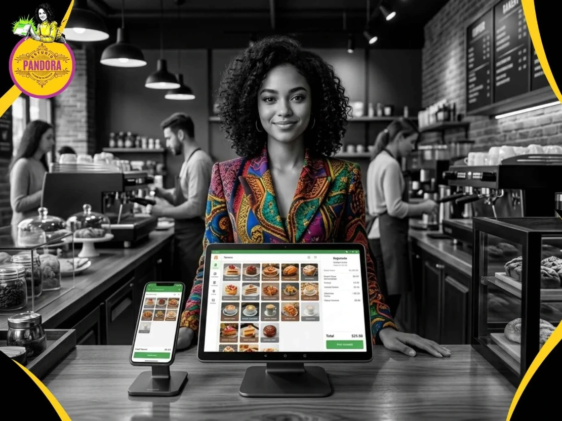 Una joven empresaria sonríe detrás del mostrador de una cafetería moderna, mostrando un sistema de punto de venta digital POS de Estudio Pandora en una tableta y un teléfono inteligente con un catálogo de postres y cafés.