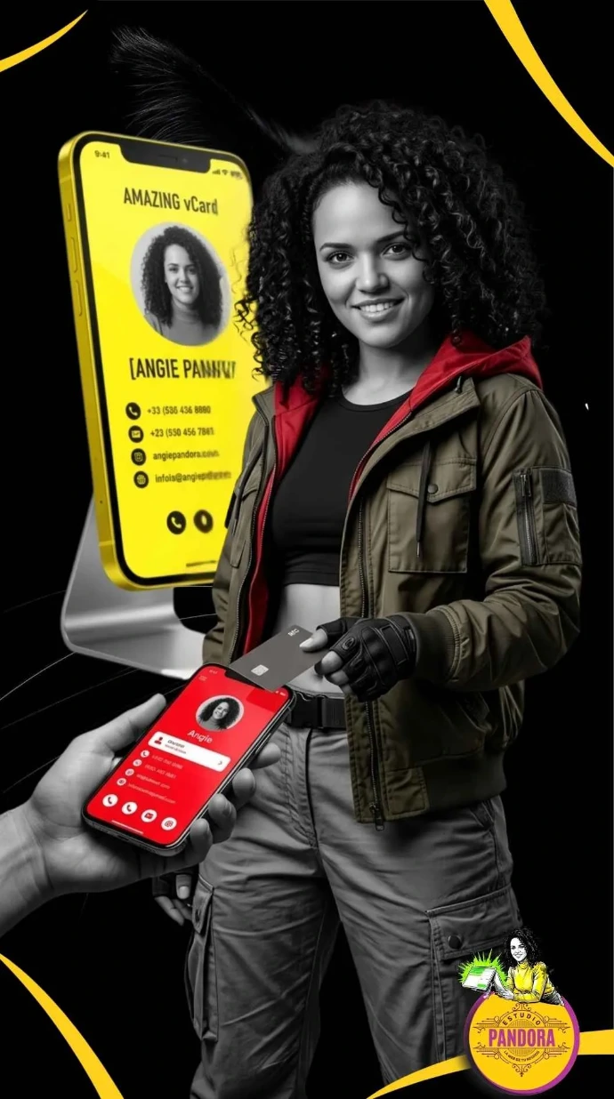 Compartir tus datos nunca fue tan fácil: acerca tu tarjeta física inteligente a cualquier celular y transfiere tu perfil digital al instante sin instalar aplicaciones. Angie sonríe mientras acerca una tarjeta inteligente física con chip NFC a un teléfono móvil, el cual lee la señal inalámbrica y despliega de inmediato su perfil digital interactivo vCard.