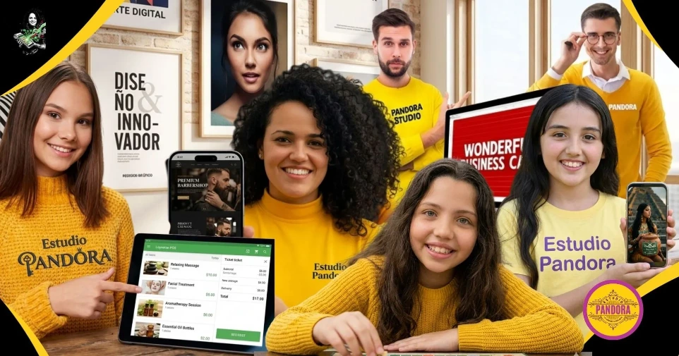 Somos tu familia digital: un equipo multidisciplinario listo para dotar a tu negocio de las mejores herramientas tecnológicas del mercado. El equipo completo de Estudio Pandora vistiendo ropa amarilla corporativa junto a pantallas digitales que muestran menús de puntos de venta para spas, aplicaciones móviles para barberías y tarjetas digitales interactivas.