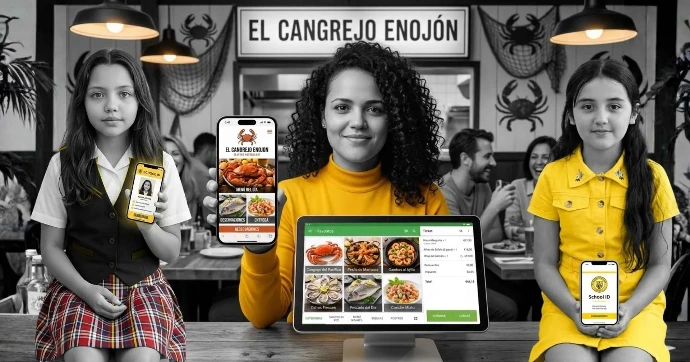 Impulsamos la gestión de tu restaurante con sistemas de cobro modernos y aseguramos la identidad escolar mediante credenciales digitales avanzadas. Una mujer y dos niñas con uniformes escolares muestran el ecosistema tecnológico de Estudio Pandora, incluyendo una tableta con sistema de punto de venta POS y teléfonos móviles con el menú digital del restaurante "El Cangrejo Enojón" y credenciales digitales School ID.