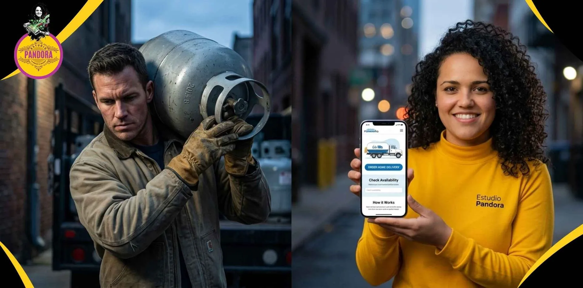 Digitalizamos la logística y los pedidos de tu negocio con aplicaciones móviles de reparto que facilitan las ventas a domicilio. Un repartidor carga un cilindro de gas lp sobre su hombro en la calle mientras, en primer plano, Angie de Estudio Pandora sonríe y muestra un teléfono inteligente con la aplicación móvil de entrega a domicilio para camiones repartidores.
