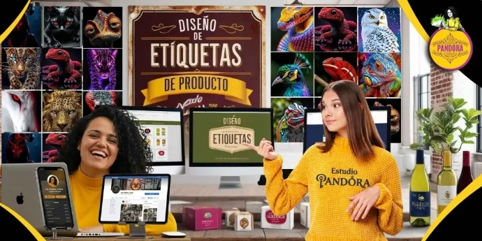Creamos el diseño de etiquetas y empaques comerciales para tus productos, logrando que tengan una identidad única que atrape miradas en los estantes. Dos jóvenes del equipo de Estudio Pandora muestran servicios de diseño de etiquetas de producto y empaque, rodeadas de un mosaico con ilustraciones coloridas de animales, pantallas digitales con diseños y botellas de vino de fondo.