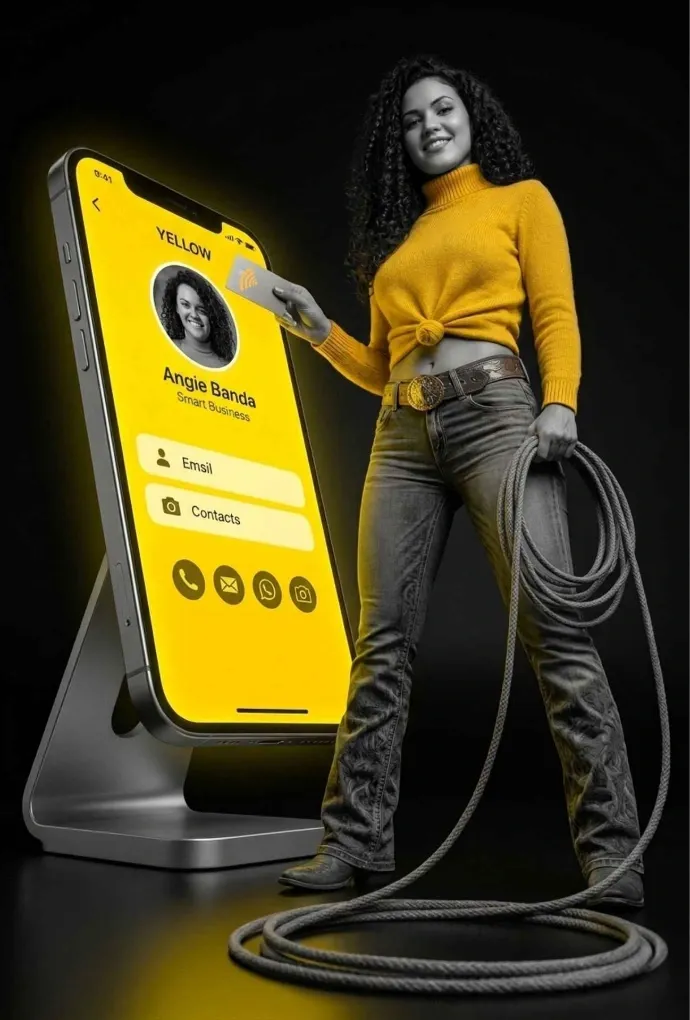 Angie de Esudio Pandora está mostrando un celular y un vCard como ejemplo de su trabajo