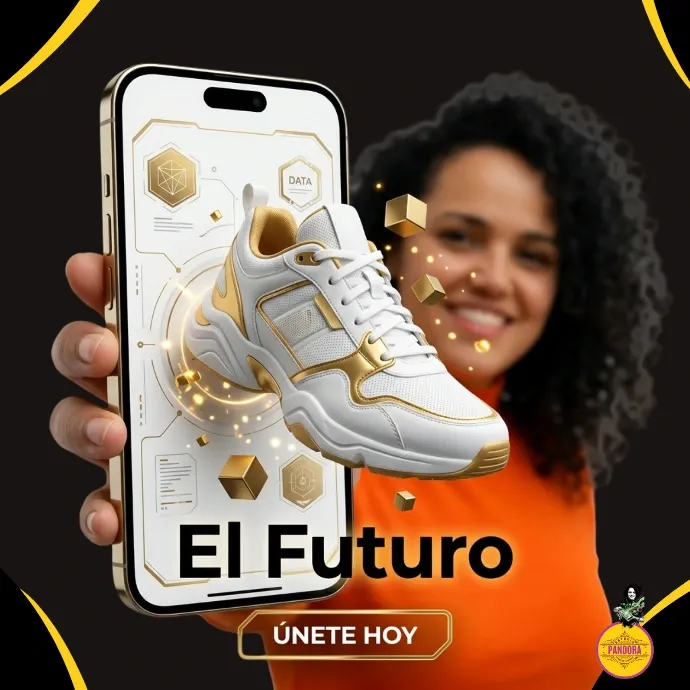 Creamos conceptos visuales futuristas y disruptivos para banners de sitios web y portadas de colecciones de moda o calzado. Angie sostiene un celular blanco donde sobresale un tenis deportivo futurista en color blanco y dorado con cubos flotantes y el título El Futuro.