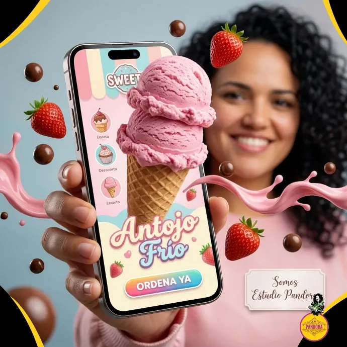 Diseñamos interfaces móviles y menús digitales interactivos con elementos visuales atractivos para enganchar a tus clientes de inmediato. Angie muestra una pantalla de celular con una aplicación de helados llamada Antojo Frío, destacando un helado de fresa en 3D saliendo de la pantalla con fresas y chispas flotando.