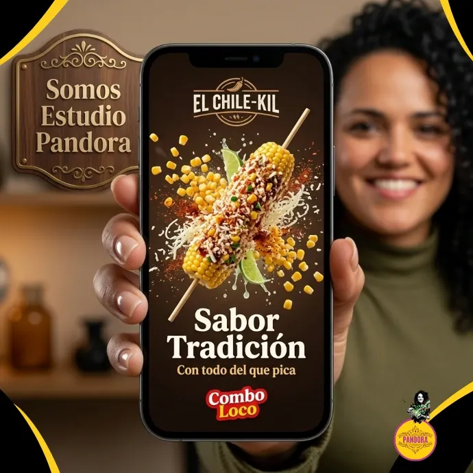 Creamos campañas publicitarias visuales y atractivas para redes sociales que hacen resaltar los productos de tu negocio de comida. Angie de Estudio Pandora sostiene un smartphone que muestra un anuncio publicitario de elotes preparados llamado El Chile-Kil, con granos de maíz volando y la frase Sabor Tradición.