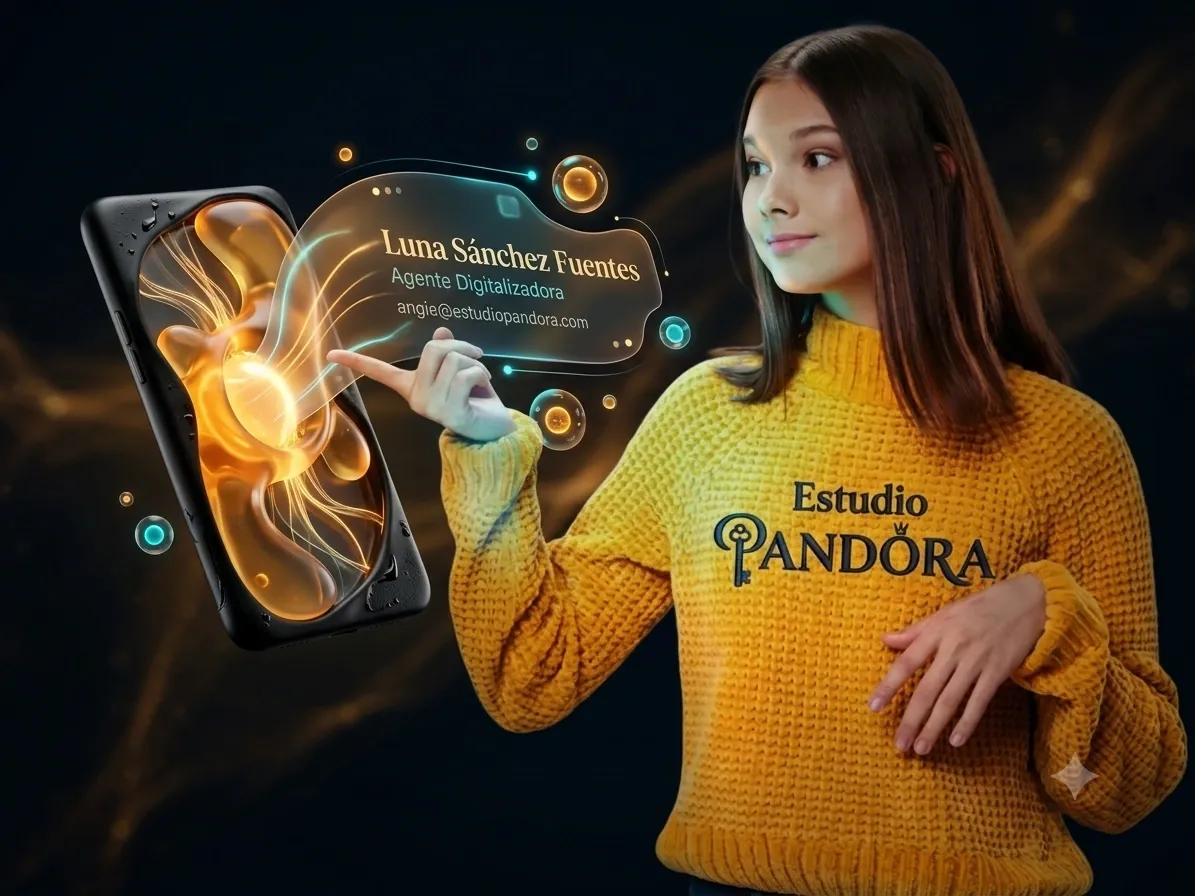 Diseñamos tarjetas de presentación virtuales e interactivas que proyectan la innovación de tu marca, facilitando que tus clientes guarden tu contacto con un solo clic. Luna de Estudio Pandora, vistiendo un suéter amarillo con el logotipo de la marca, interactúa con un smartphone flotante del cual emerge un holograma interactivo con sus datos de contacto: Luna Sánchez Fuentes, Agente Digitalizadora y correo electrónico corporativo.