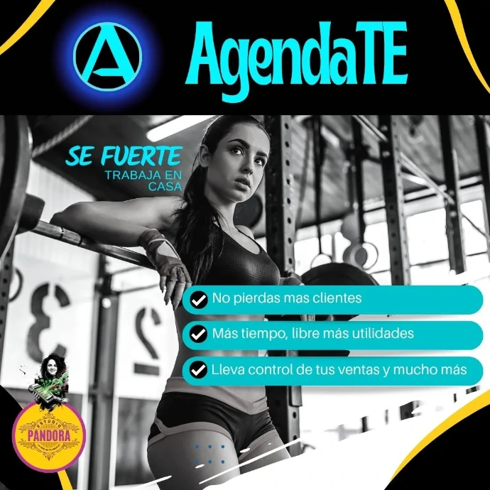 Diseñamos campañas de publicidad digital atractivas y estructuradas para el sector fitness y de salud, ideales para captar clientes y posicionar centros deportivos o entrenadores. Publicidad digital en tonos negro, amarillo y azul turquesa de Estudio Pandora que muestra la marca AgendaTE y una fotografía en blanco y negro de una mujer entrenando en un gimnasio con una barra, acompañada de una lista de beneficios comerciales.