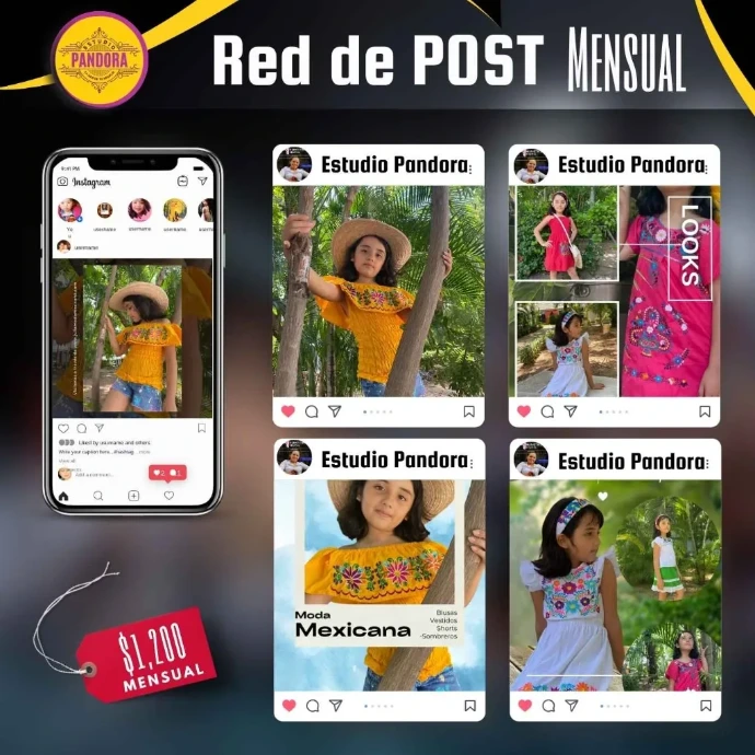 Diseñamos y planificamos la red de publicaciones mensuales para tus redes sociales, creando un feed de Instagram estético, profesional y enfocado en resaltar la identidad de tus productos. Plantilla publicitaria de Estudio Pandora que promociona una Red de Post Mensual para Instagram, mostrando un smartphone y cuatro ejemplos de publicaciones con fotografías de una niña modelando ropa artesanal de moda mexicana.
