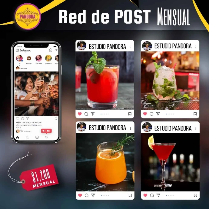 Dale vida y estilo a las redes sociales de tu bar o centro nocturno con un feed de Instagram lleno de color, promociones dinámicas y coctelería de alto impacto visual. Gráfico promocional de Estudio Pandora para el servicio de Red de Post Mensual de Instagram, exhibiendo un smartphone y cuatro diseños de publicaciones con fotografías coloridas de cócteles, bebidas preparadas y mojitos en un bar.