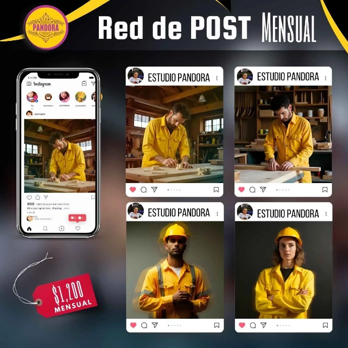 Profesionaliza la presencia digital de tu negocio u oficio con publicaciones mensuales diseñadas para transmitir confianza, calidad y seriedad a tus futuros clientes. Plantilla publicitaria de Estudio Pandora que ofrece una Red de Post Mensual por mil doscientos pesos, ilustrada con un celular y cuatro publicaciones de Instagram con fotos de carpinteros y trabajadores con equipo de seguridad amarillo en un taller.