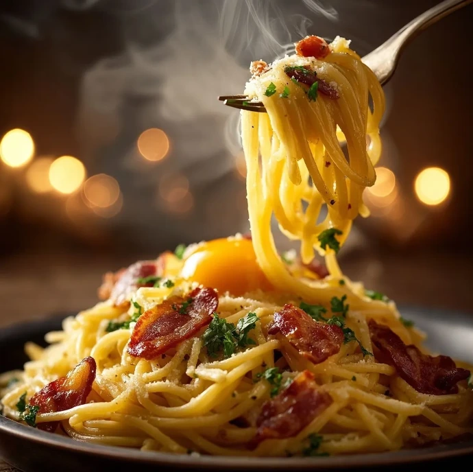 Demostración de especialidades culinarias en el menú QR a WhatsApp de Estudio Pandora mostrando un plato de espagueti carbonara.
