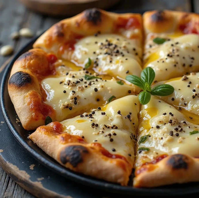 Sección de pizzas clásicas en el menú digital por WhatsApp de Estudio Pandora mostrando una pizza de cuatro quesos rebanada.