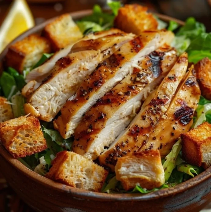 Opciones saludables en el menú digital por WhatsApp de Estudio Pandora mostrando una ensalada César con pechuga de pollo.