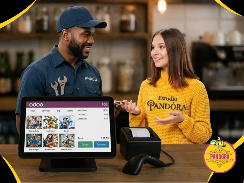 Luna de Estudio Pandora con un cliente mostrando como funciona el POS DE ODOO.