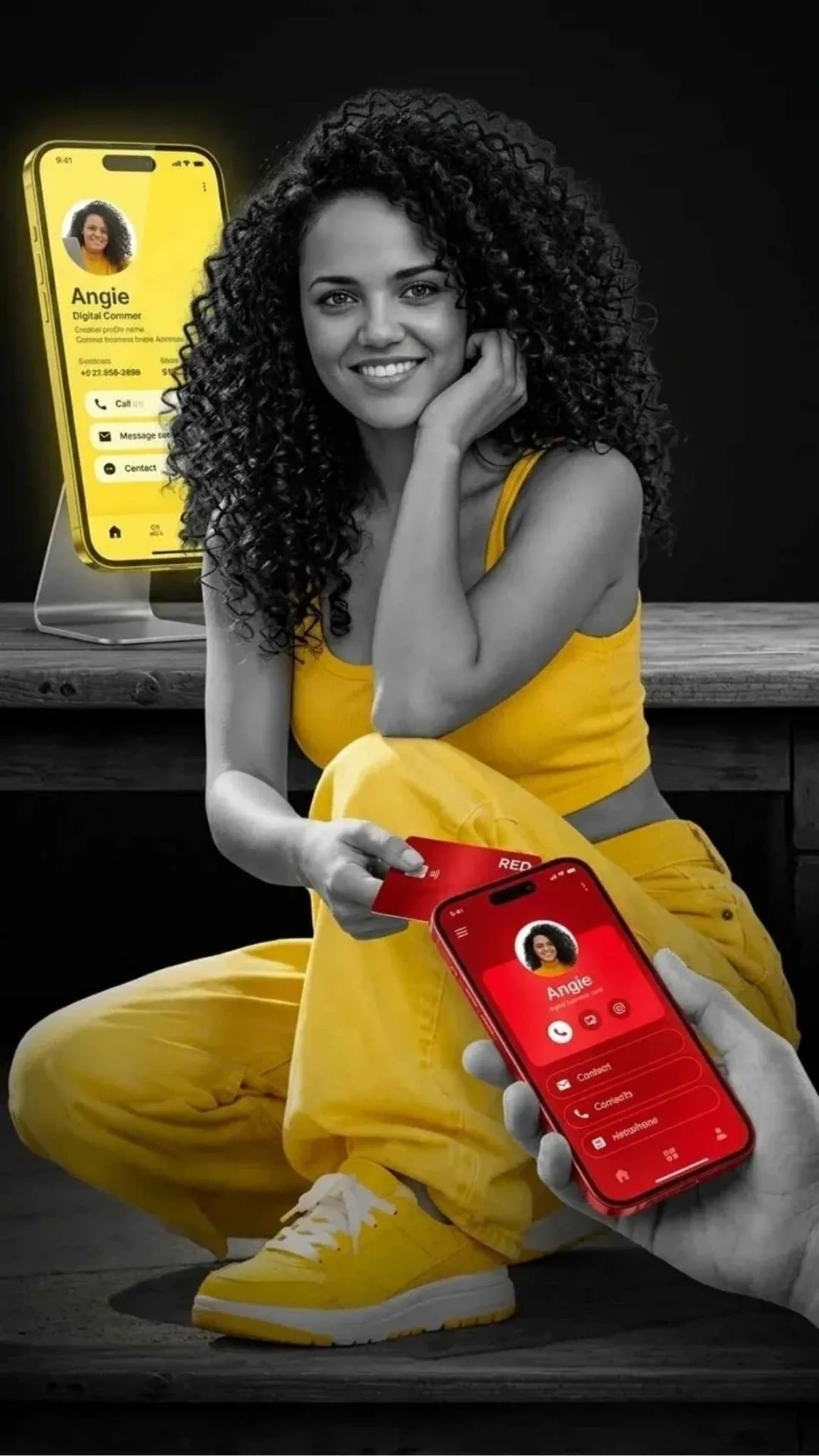 Angie de Estudio Pandora vestida toda de amarillo promoviendo una tarjeta digital inteligente.