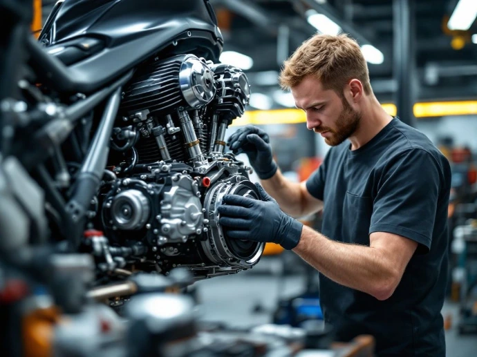 Joven mecánico automotriz concentrado en la reparación y ajuste del motor de una motocicleta en un taller moderno.