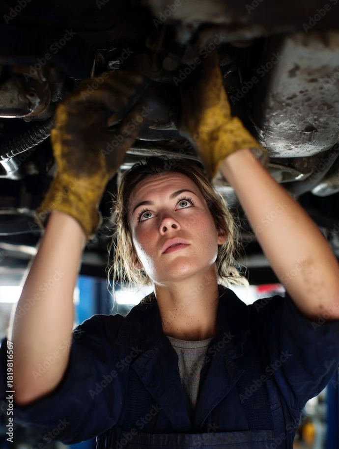 Mujer mecánica experta realizando el diagnóstico y reparación debajo del chasis de un vehículo en el taller.