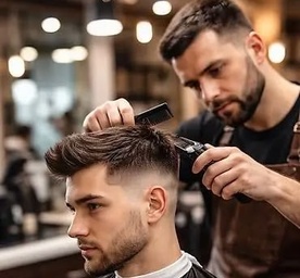 Barber haciendo un corte especial a hombre latino