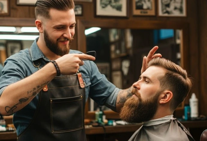 Barbero profesional aplicando técnica de corte en Keni Beauty Salon