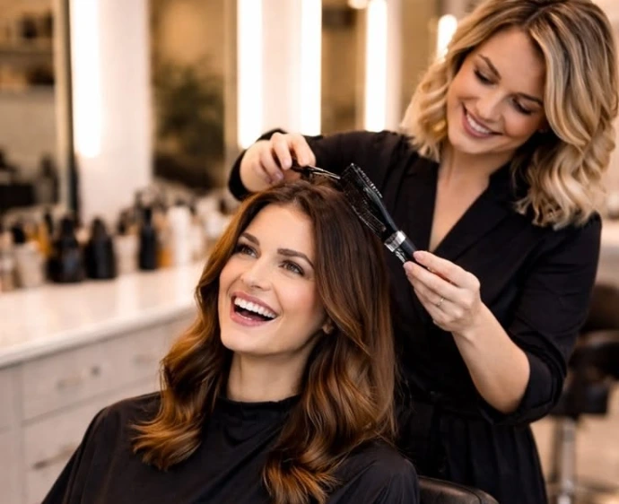 Estilista mujer realizando un corte de cabello en Keni Beauty Salon